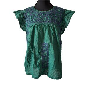 J.Marie Embroidered Peasant Top Green Blue Blouse Size Large Boho Cottage Cotton
